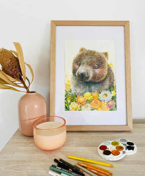 Wombat and Paper Daisies Print