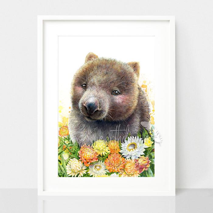 Wombat and Paper Daisies Print
